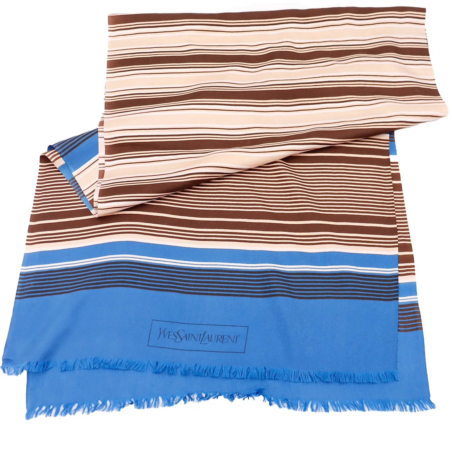 1990s Yves Saint Laurent Blue & Brown Striped Silk Scarf