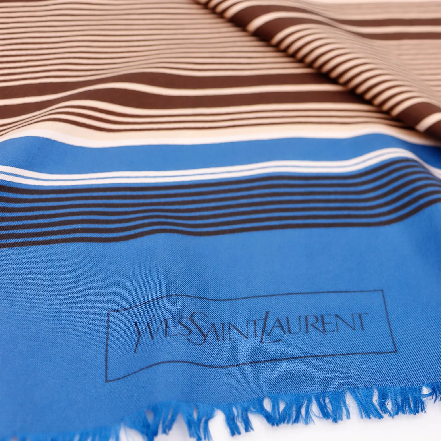 1990s Yves Saint Laurent Blue & Brown Striped Silk Scarf