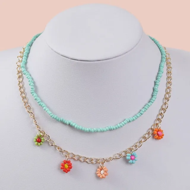 2 Pcs/Set Bohemian Multicolor Beaded Necklaces For Women Boho Gold Color Metal Chain Handmade Beads Flower Necklace Jewelry