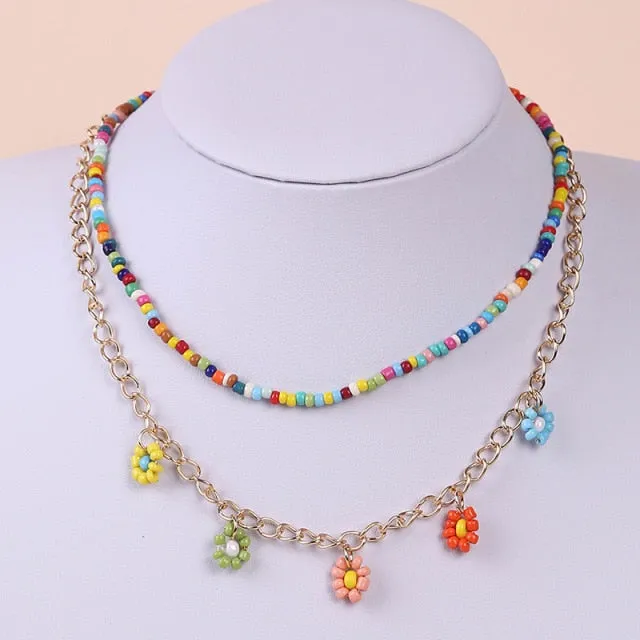 2 Pcs/Set Bohemian Multicolor Beaded Necklaces For Women Boho Gold Color Metal Chain Handmade Beads Flower Necklace Jewelry