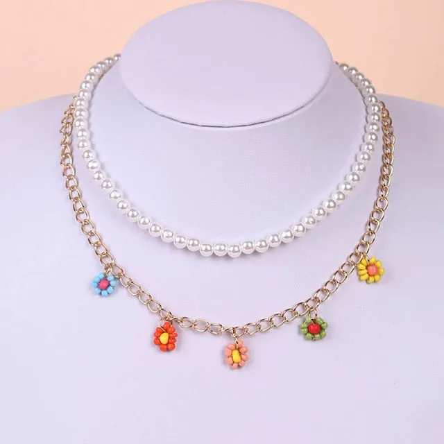 2 Pcs/Set Bohemian Multicolor Beaded Necklaces For Women Boho Gold Color Metal Chain Handmade Beads Flower Necklace Jewelry