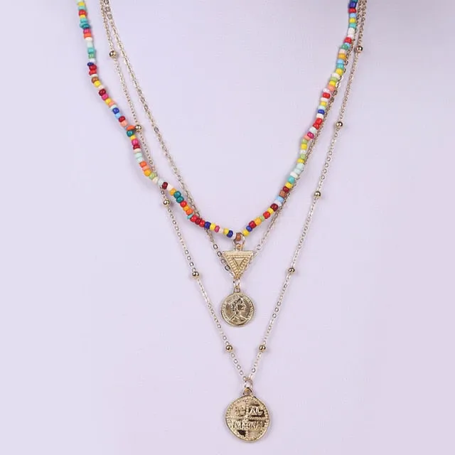 2 Pcs/Set Bohemian Multicolor Beaded Necklaces For Women Boho Gold Color Metal Chain Handmade Beads Flower Necklace Jewelry