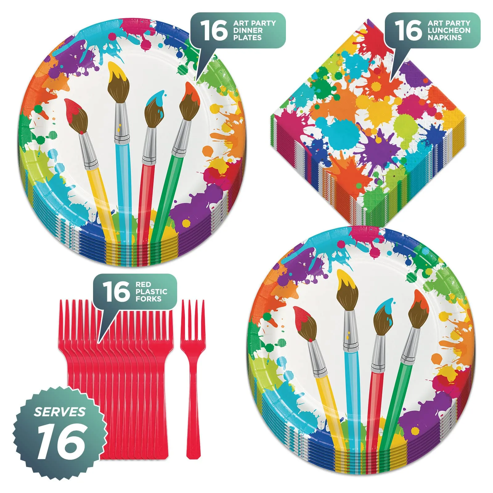 Art Party Supplies - Bright Artist Paint Brush Splatter Paper Dinner Plates, Luncheon Napkins, and Cups (Serves 16)