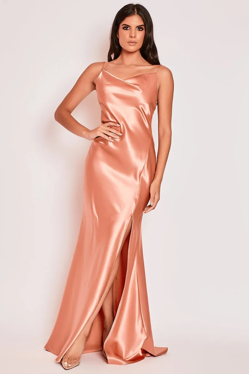 Aurora - Rose Satin Backless Cowl Neck Evening Dress