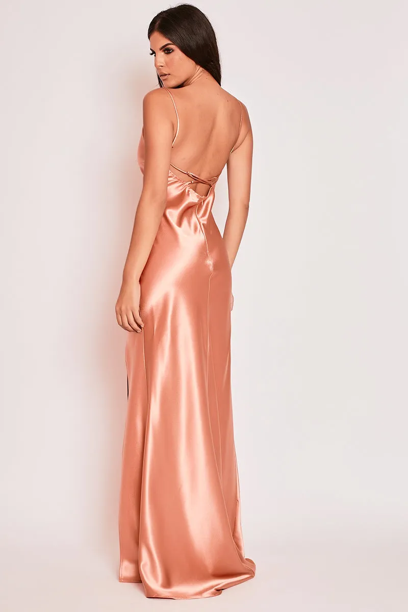 Aurora - Rose Satin Backless Cowl Neck Evening Dress