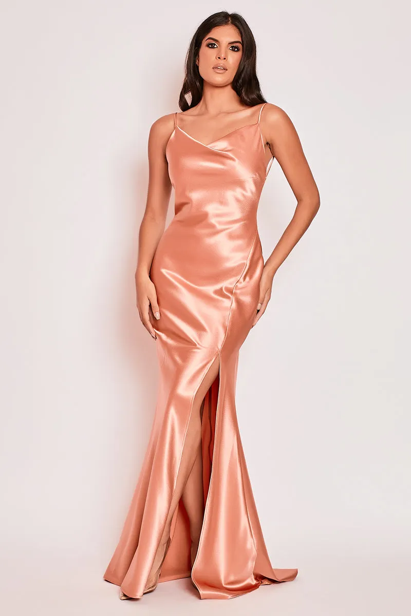 Aurora - Rose Satin Backless Cowl Neck Evening Dress