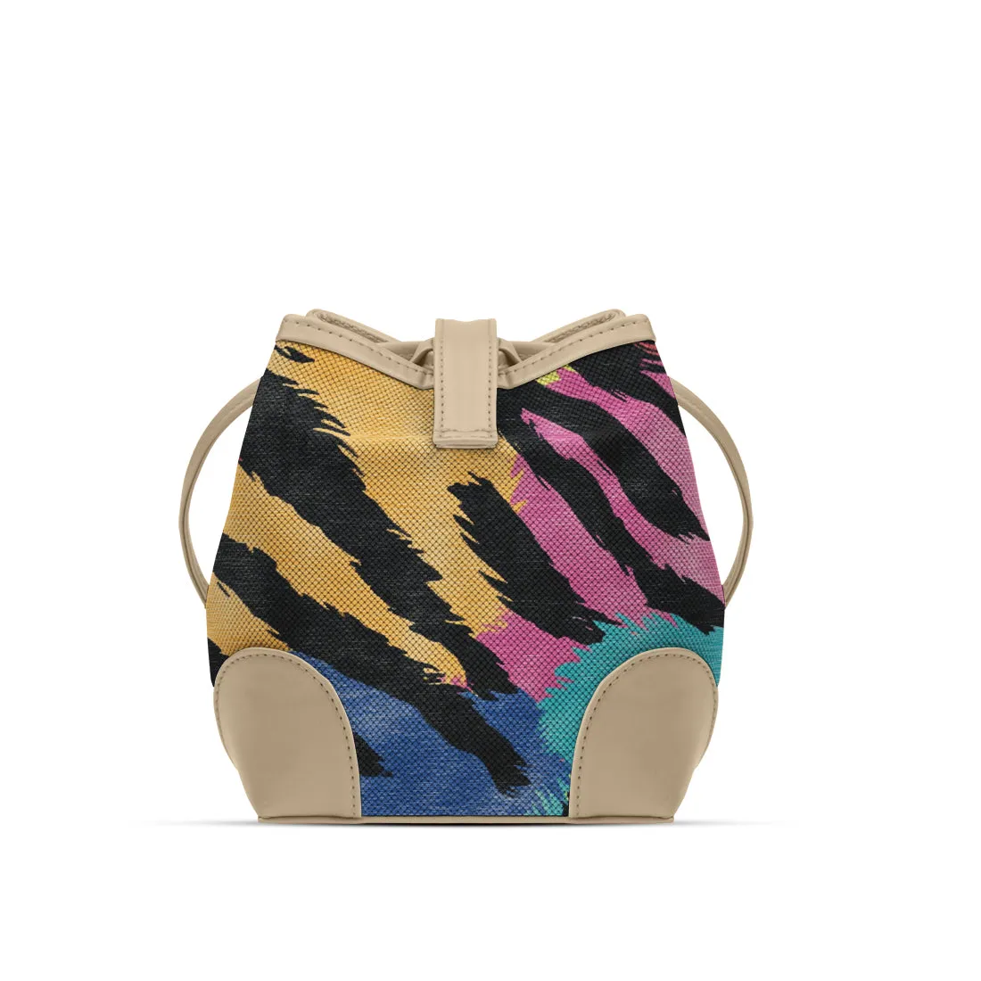 Beige Bucket Bag in Wild Neon Zebra Streaks