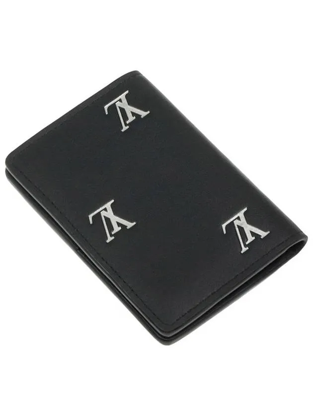 Black Grain Calfskin Silver LV Logo Pocket Organizer Card Holder