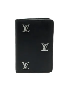 Black Grain Calfskin Silver LV Logo Pocket Organizer Card Holder