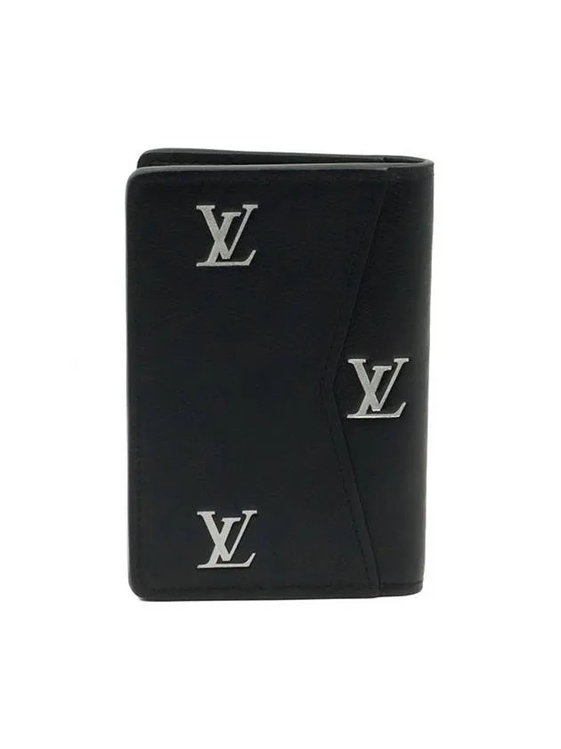 Black Grain Calfskin Silver LV Logo Pocket Organizer Card Holder