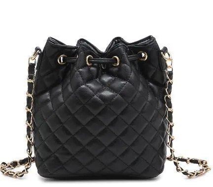 Black Quilted Drawstring Bucket Crossbody Bag Satchel