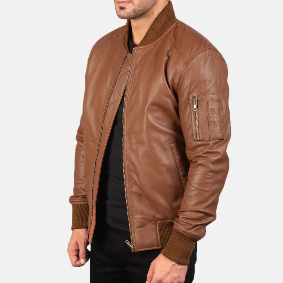 BOMBER-2410 Mush Brown Leather Bomber Jacket