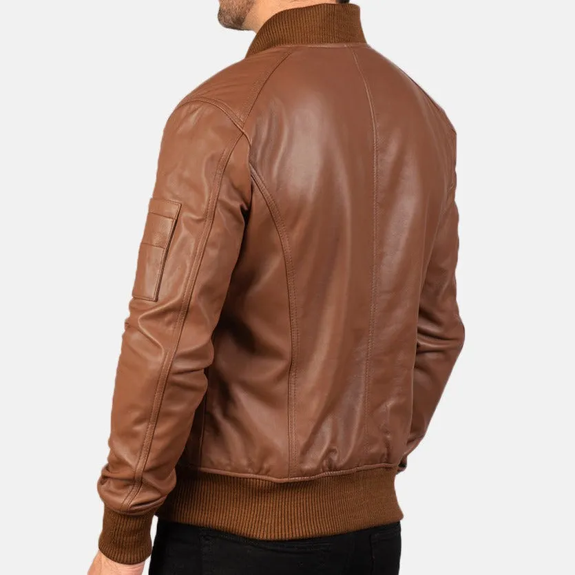 BOMBER-2410 Mush Brown Leather Bomber Jacket