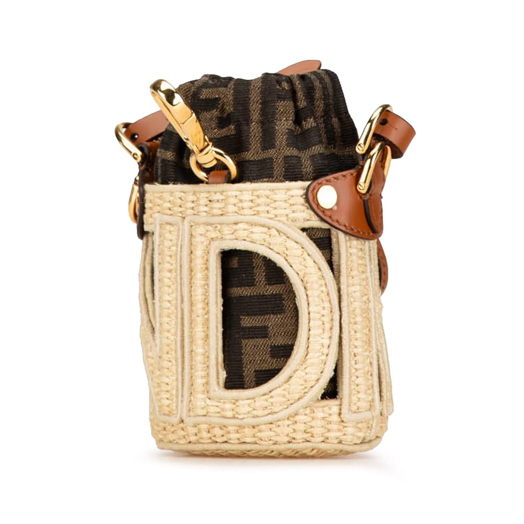 Brown Fendi Nano Zucca Straw and Canvas Step Out Bag