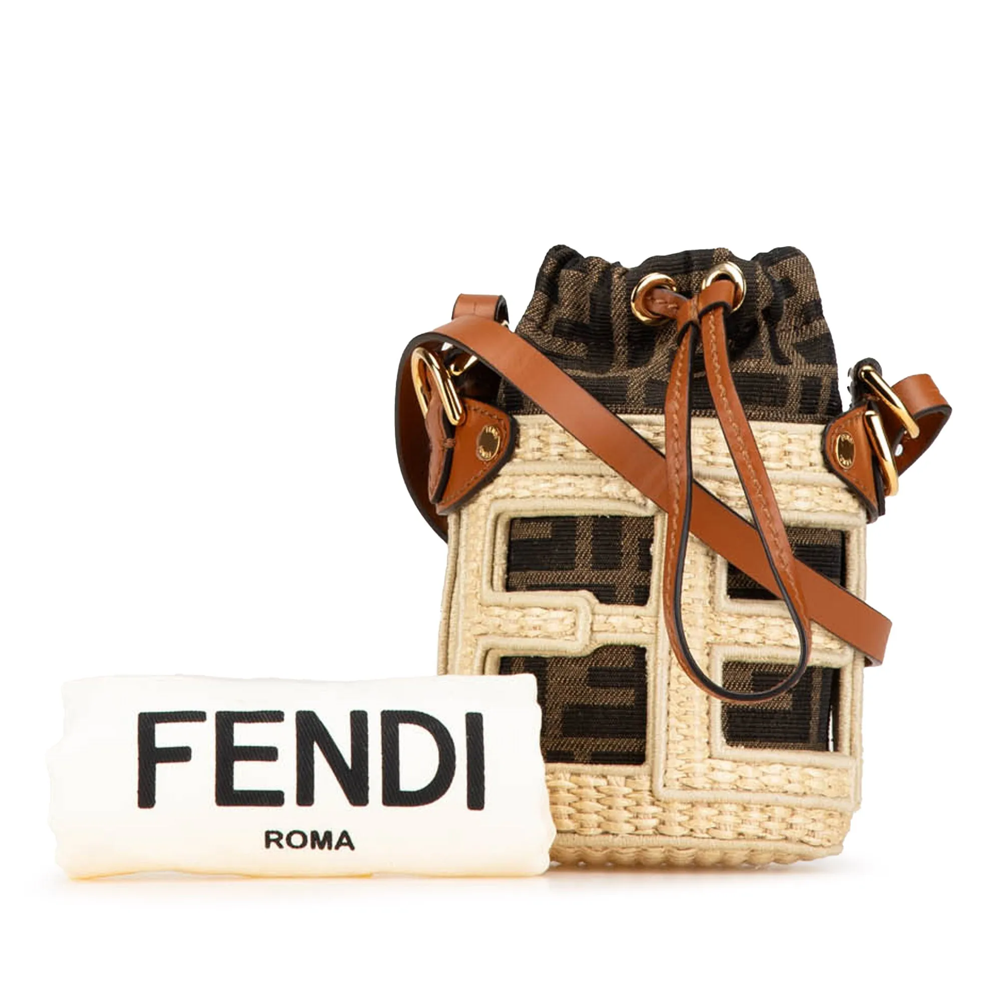 Brown Fendi Nano Zucca Straw and Canvas Step Out Bag