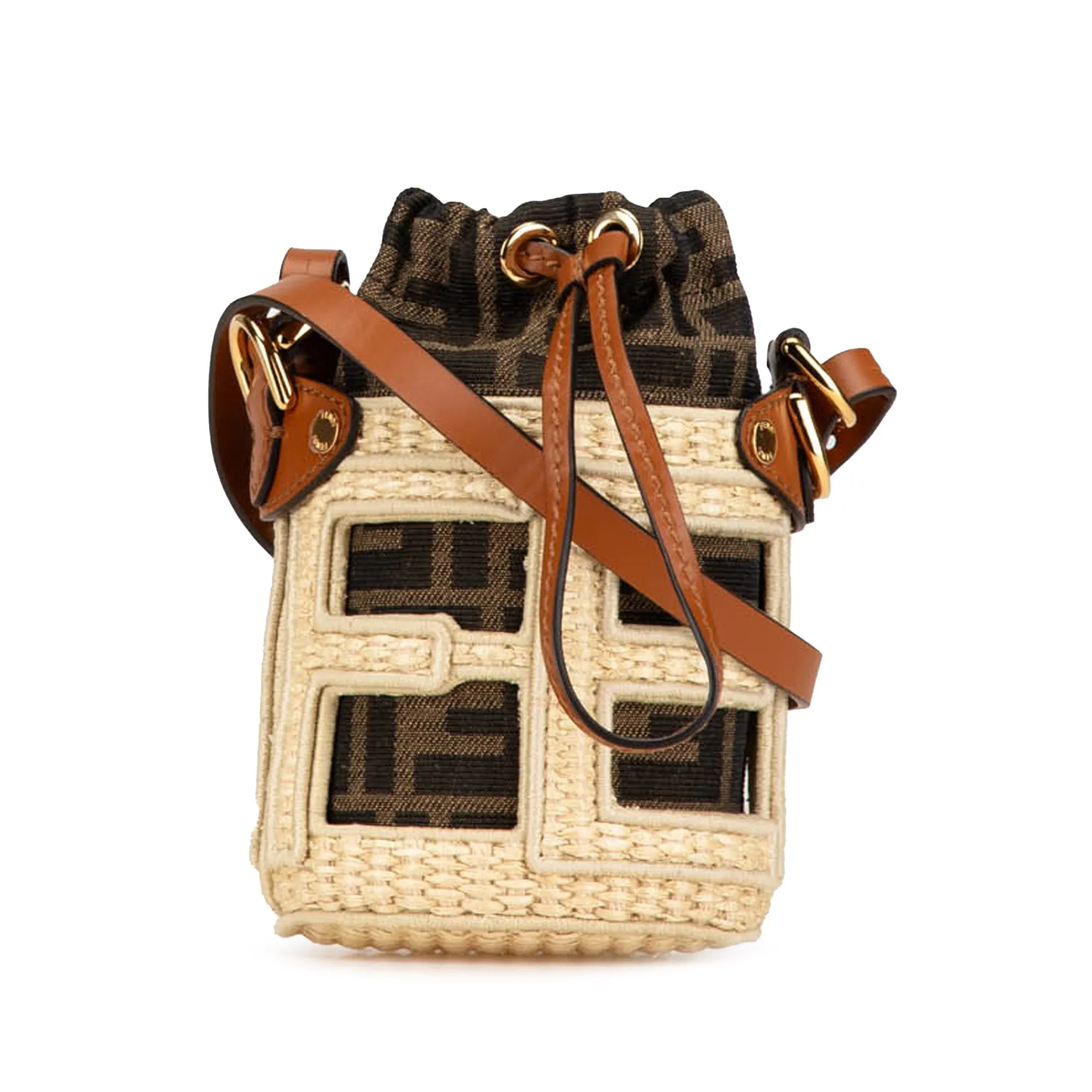 Brown Fendi Nano Zucca Straw and Canvas Step Out Bag