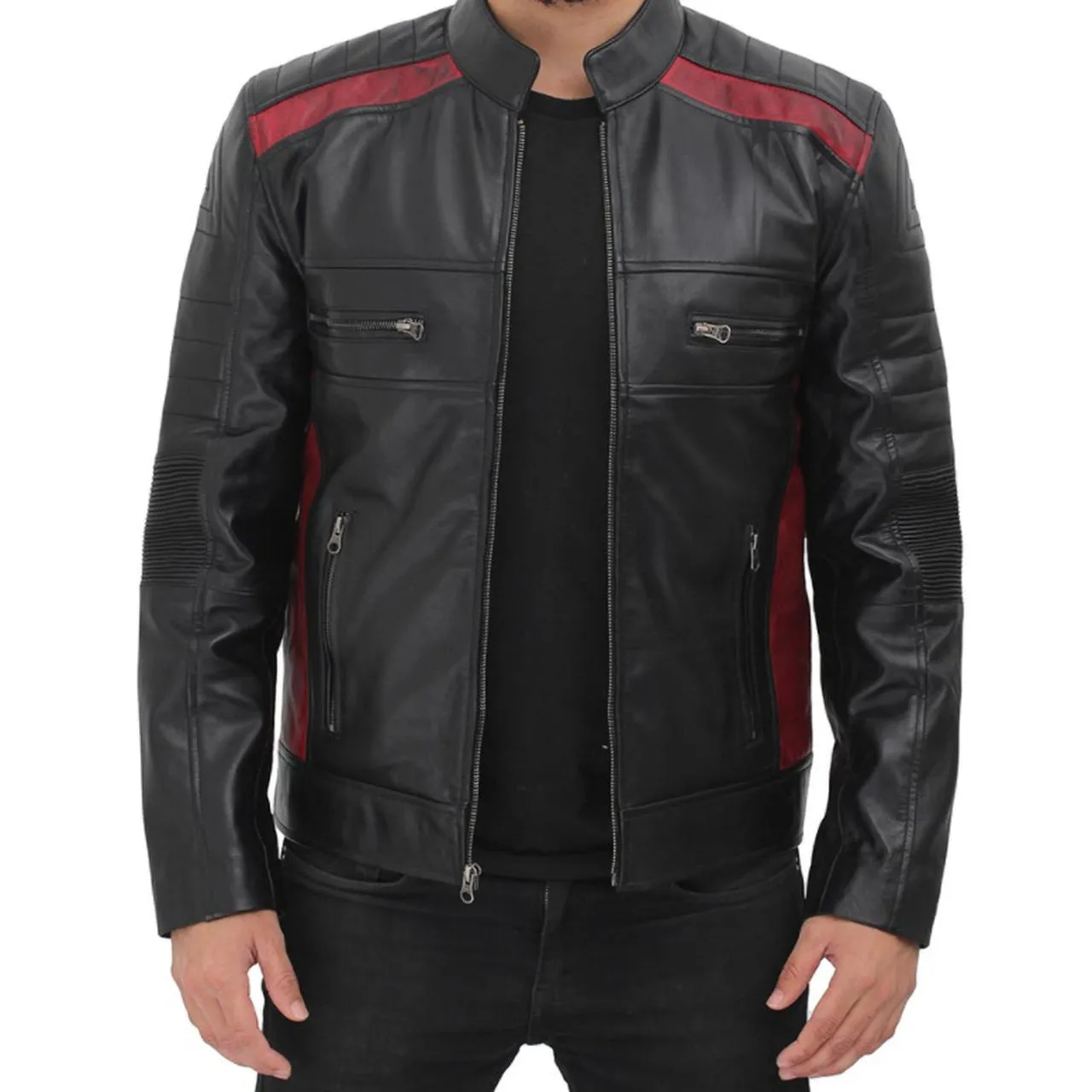 Cafe Racer Zipper Leather Jacket Mens