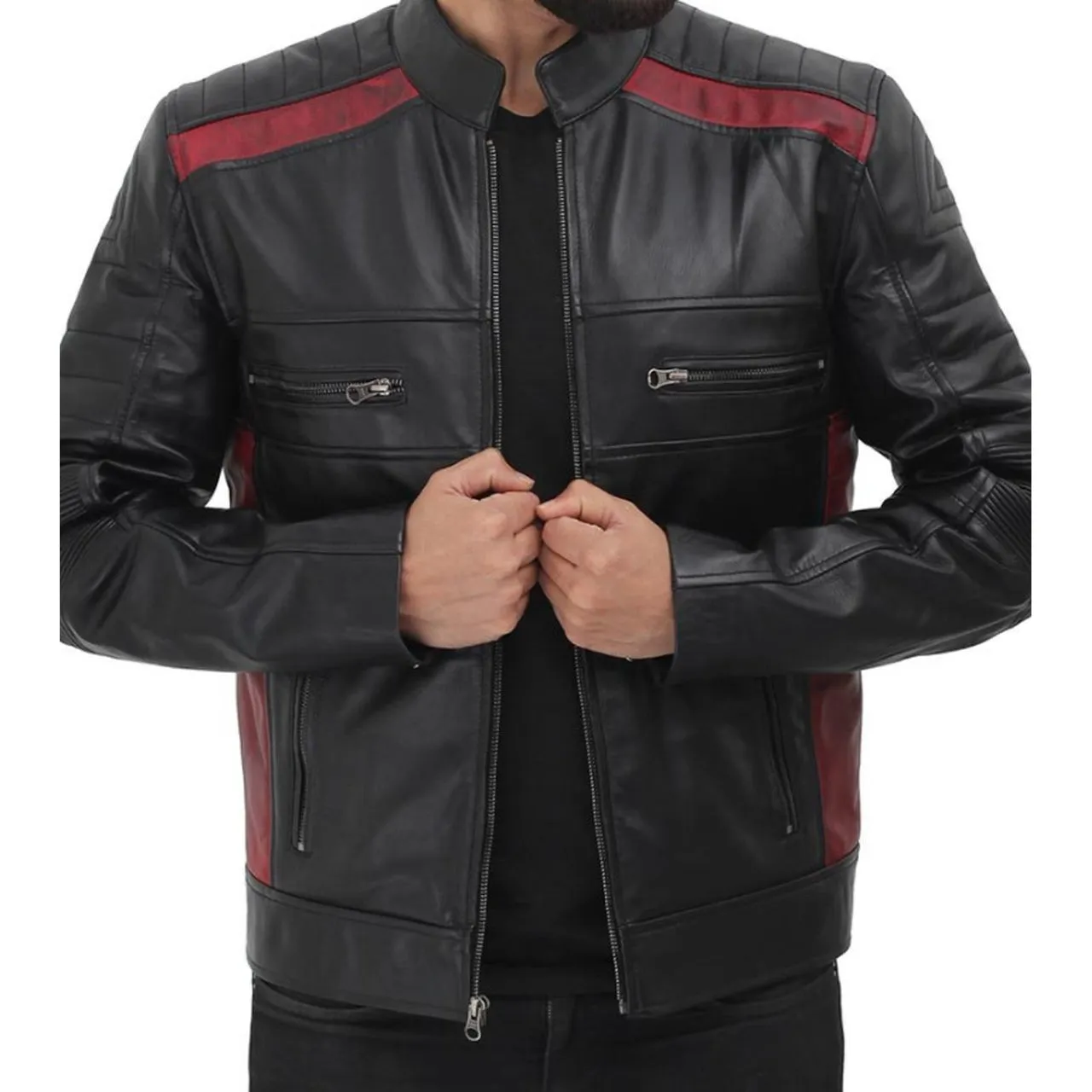 Cafe Racer Zipper Leather Jacket Mens