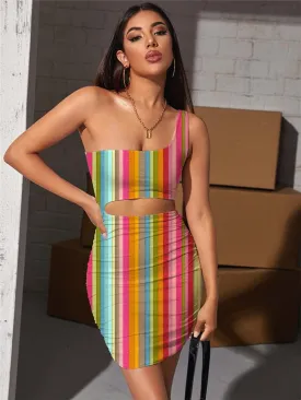 Colorful Dress Women Stripe Hollow out Dresses Gradient 3d Print Rainbow Halter Sleeveless