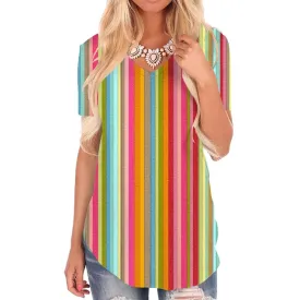 Colorful T Shirt Women Stripe V-neck Tshirt Gradient Tshirts Printed Rainbow T-shirts 3d