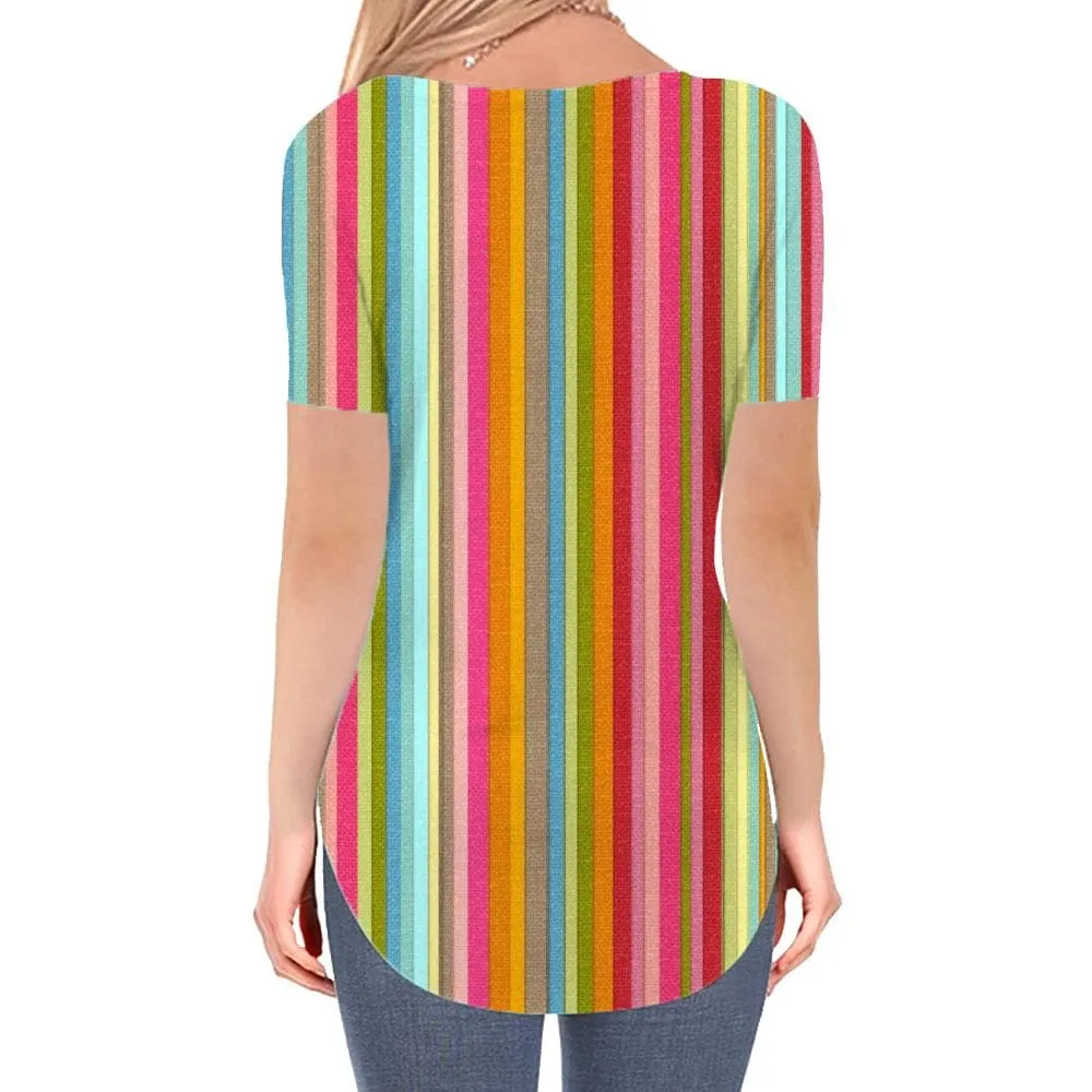 Colorful T Shirt Women Stripe V-neck Tshirt Gradient Tshirts Printed Rainbow T-shirts 3d