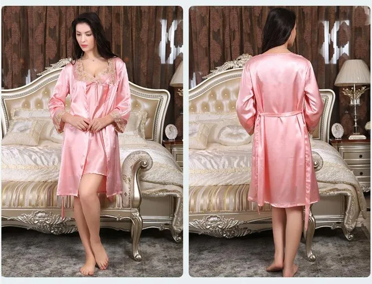 Contrast Floral Lace Satin Robe & Cami Dress PJ Set