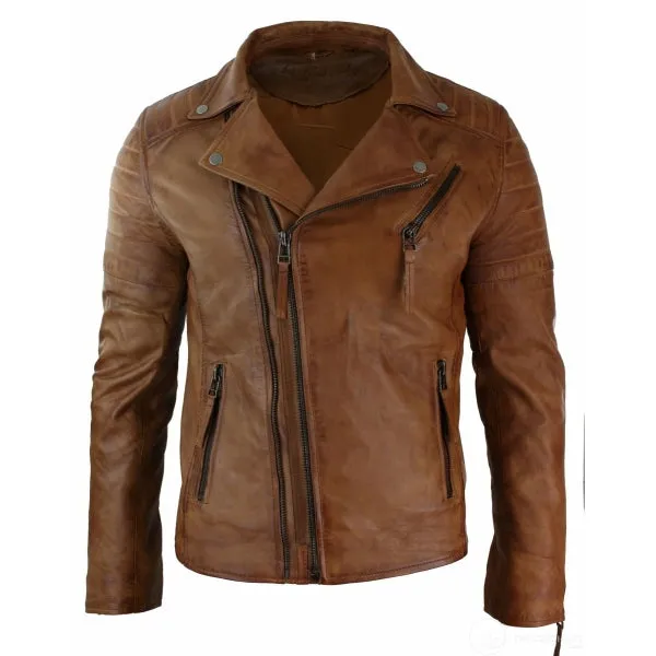 Cross Zip Real Leather Men's Slim Fit Brando Jacket