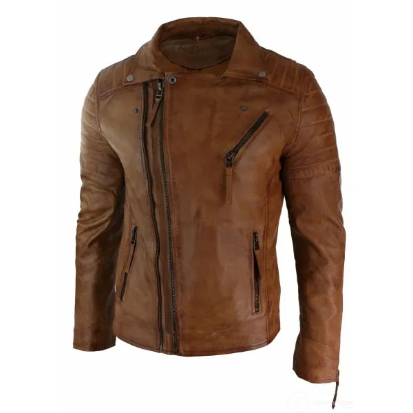 Cross Zip Real Leather Men's Slim Fit Brando Jacket