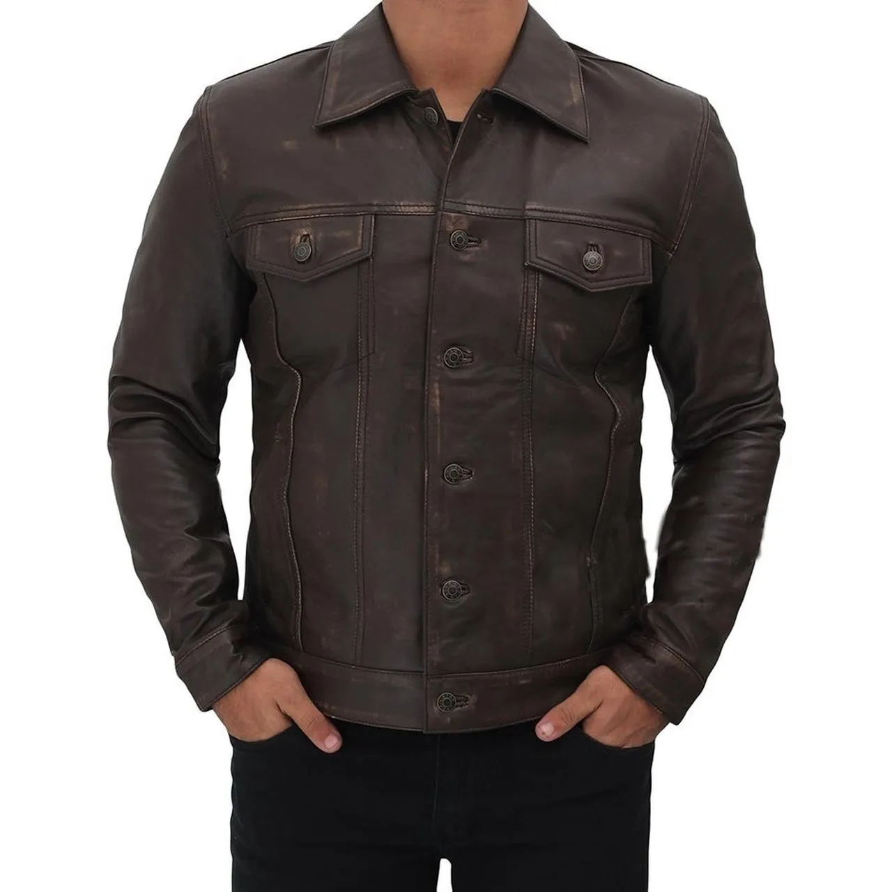 Dark Brown Leather Trucker Jacket Men