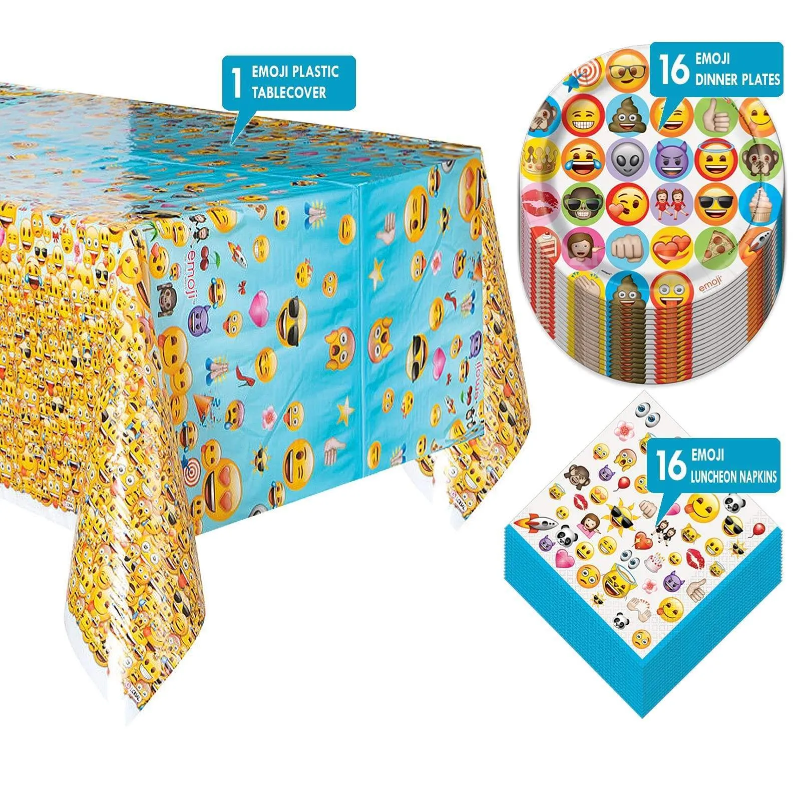 Emoji Celebration Party - Paper Dinner Plates, Lunch Napkins, and Table Cover Set (Serves 16)