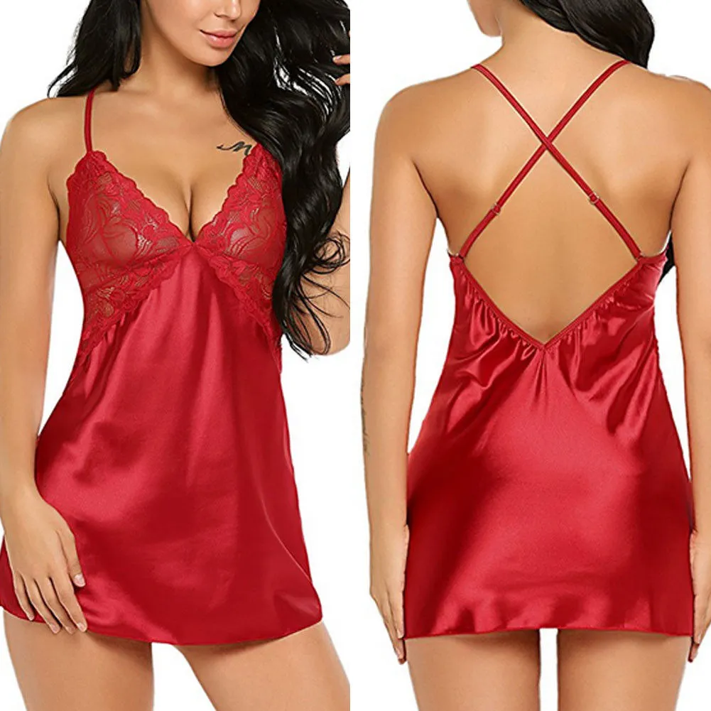 Experience Sensual Romance with Our Women's Sexy Lace Satin Nightdress Lingerie Set