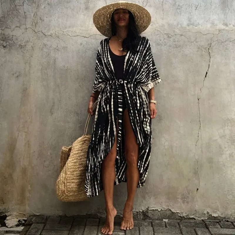 Fashionkova  Sexy Bikini Cover-Ups Women 2022 Summer Beach Pareo Stripes Loose Kimono Swimsuit Dress Beachwear Boho Bathing Suit Cover Up