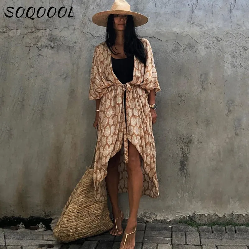 Fashionkova  Sexy Bikini Cover-Ups Women 2022 Summer Beach Pareo Stripes Loose Kimono Swimsuit Dress Beachwear Boho Bathing Suit Cover Up