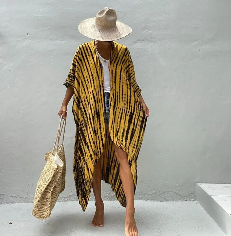 Fashionkova  Sexy Bikini Cover-Ups Women 2022 Summer Beach Pareo Stripes Loose Kimono Swimsuit Dress Beachwear Boho Bathing Suit Cover Up