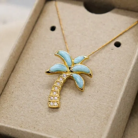 Gold Palm Tree Necklace with Larimar