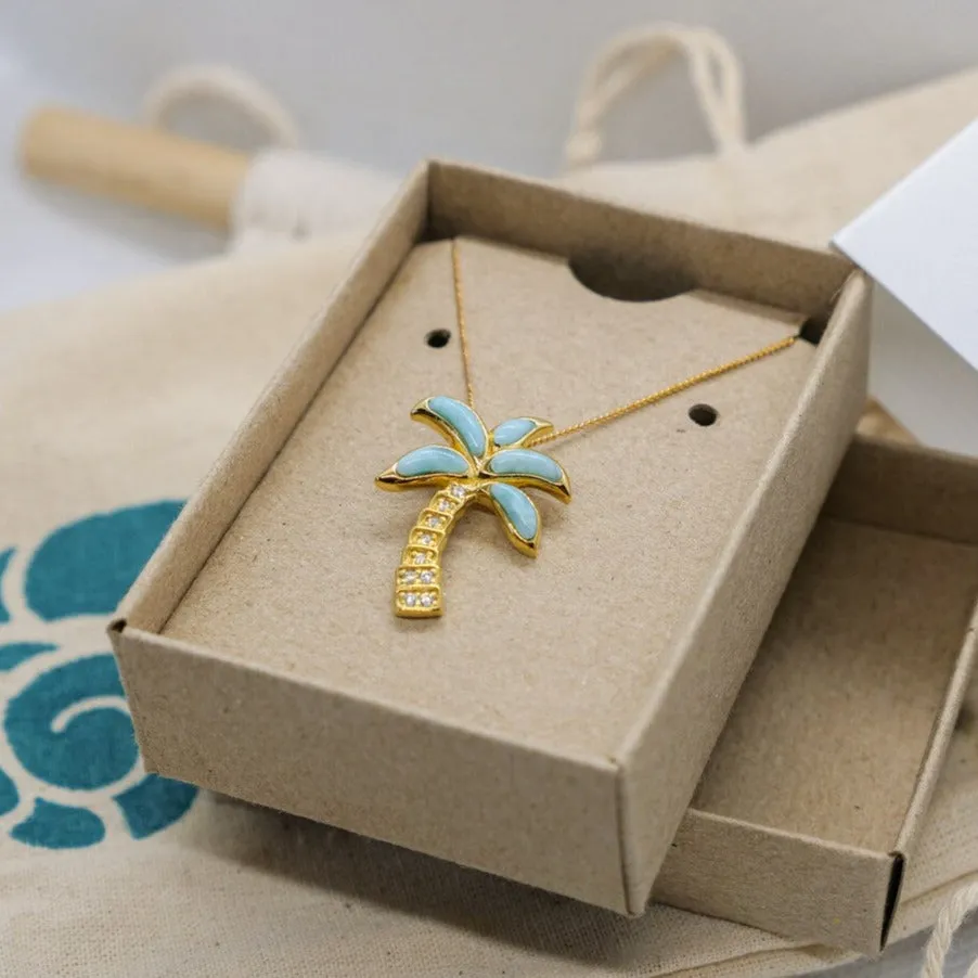 Gold Palm Tree Necklace with Larimar