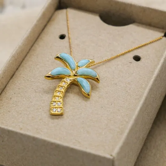 Gold Palm Tree Necklace with Larimar