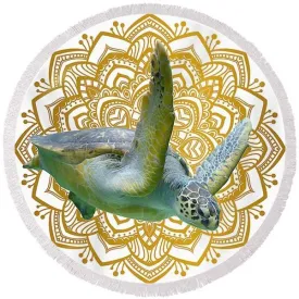 Golden Sea Turtle Mandala Round Beach Towel