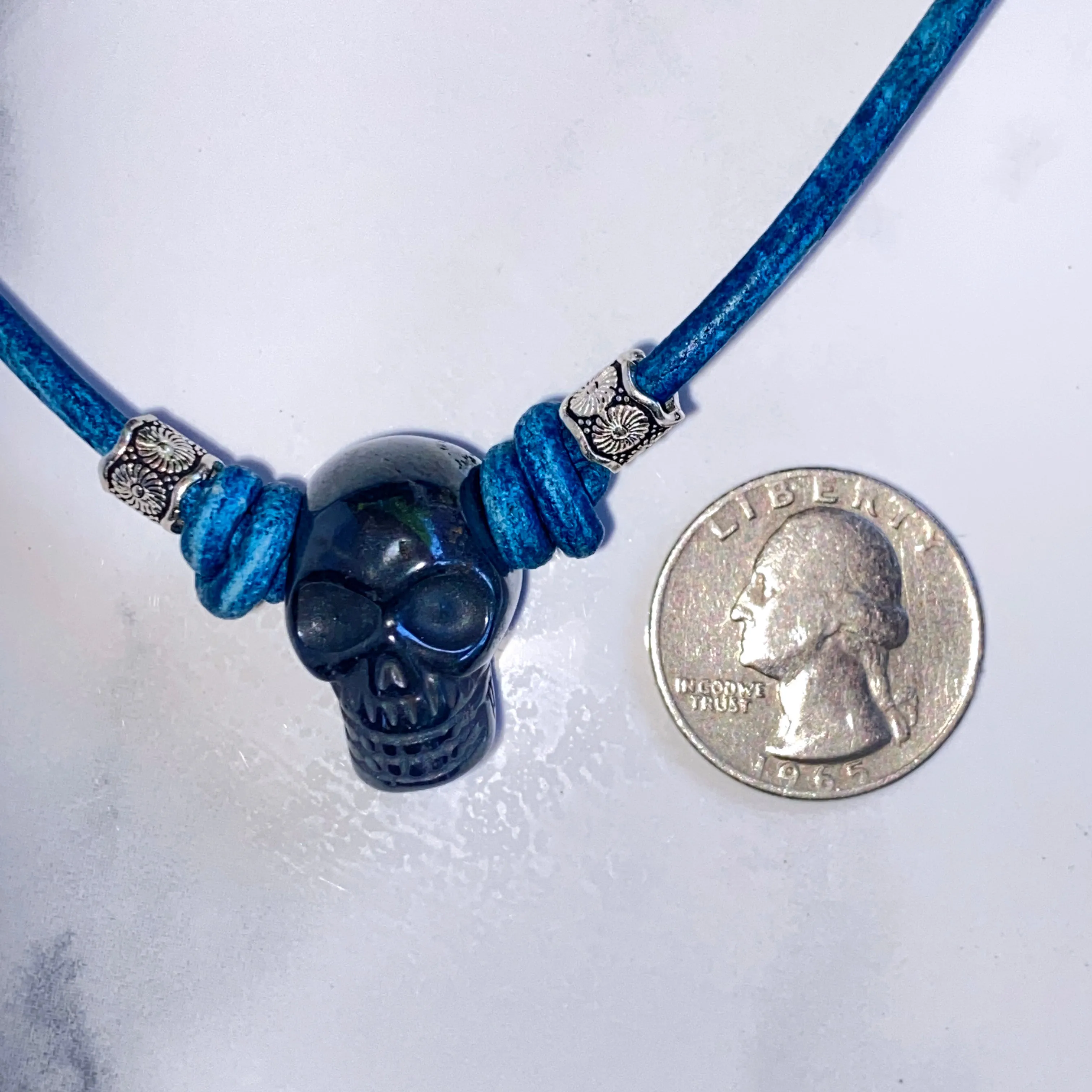 Hematite gemstone Skull and Sterling Silver on Leather Necklace