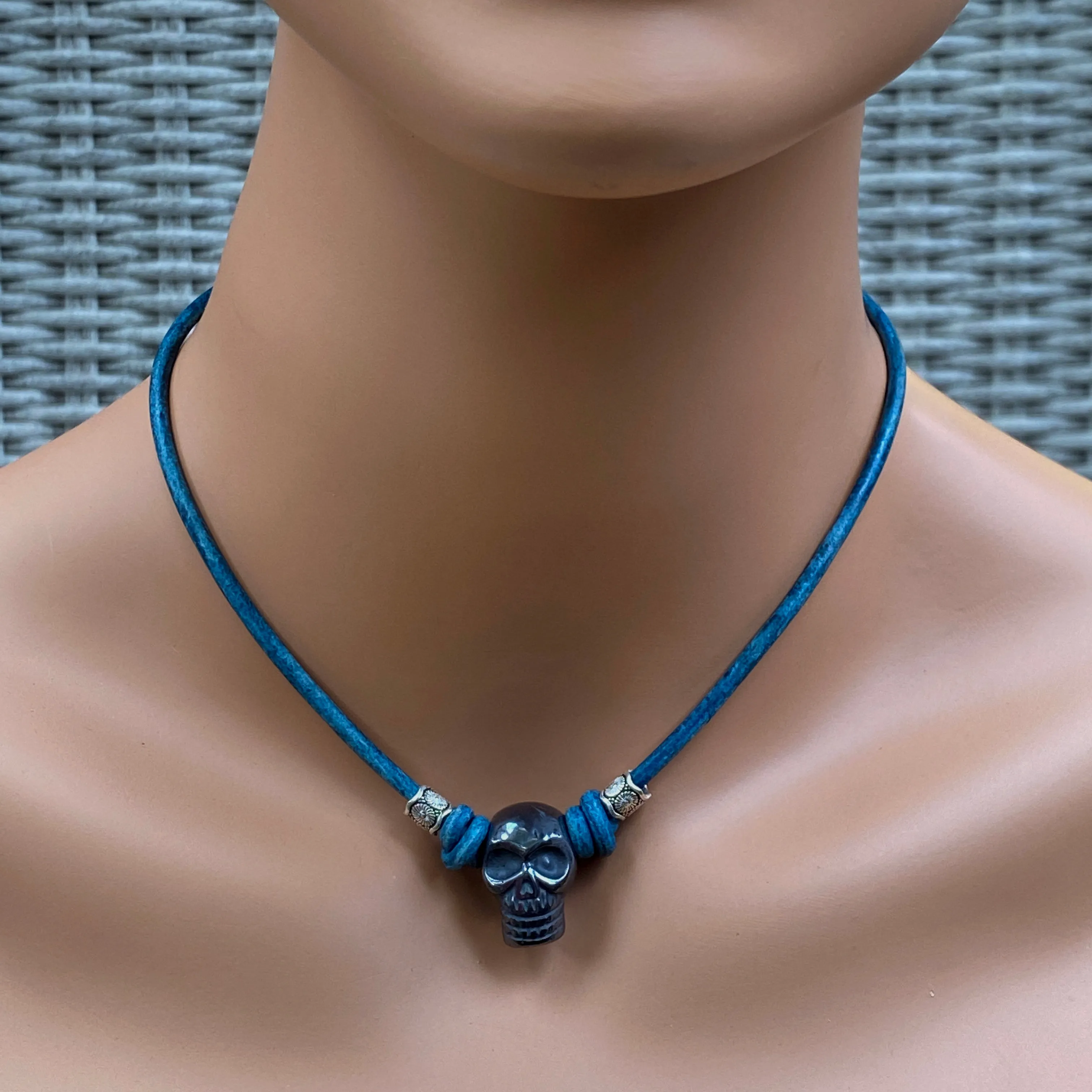 Hematite gemstone Skull and Sterling Silver on Leather Necklace