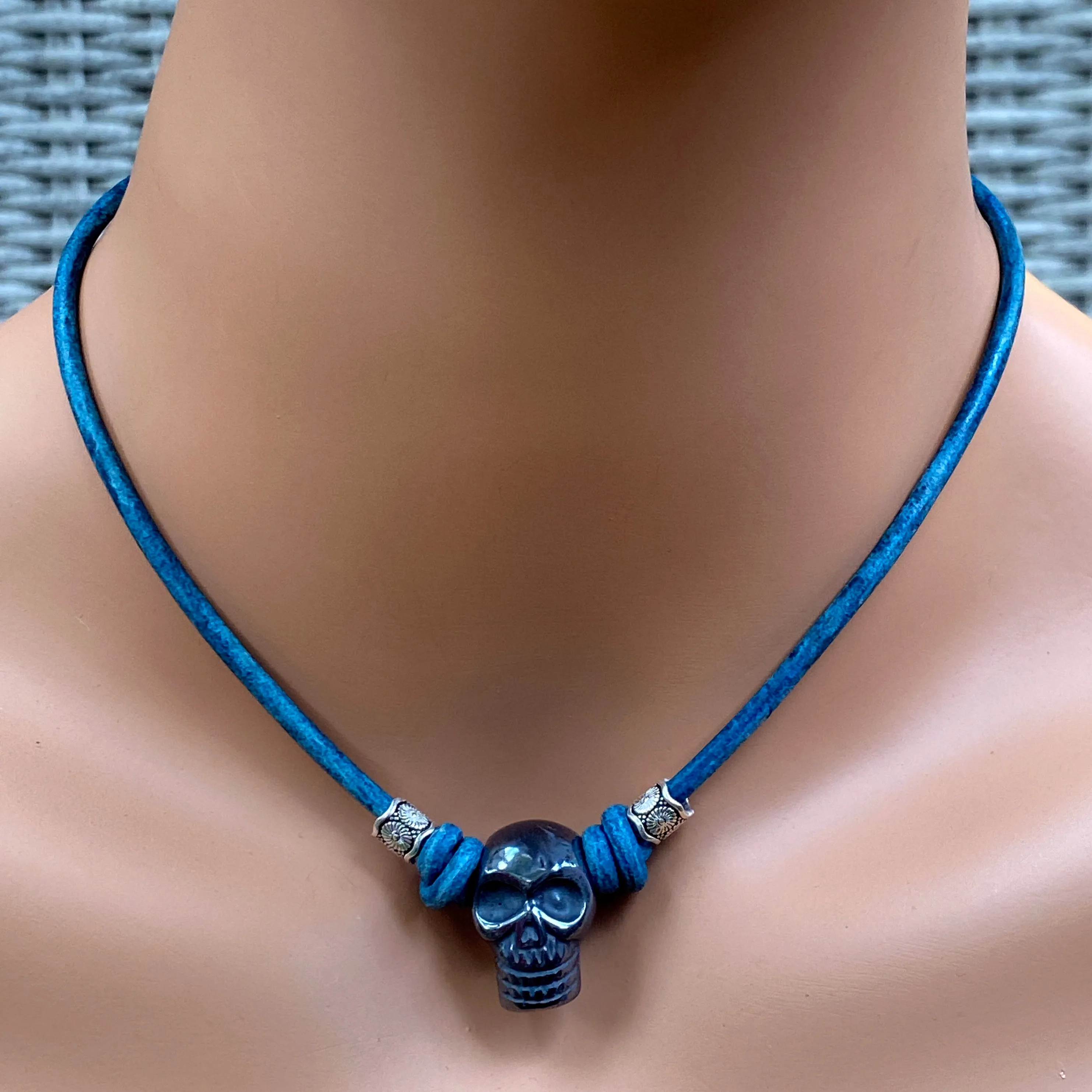 Hematite gemstone Skull and Sterling Silver on Leather Necklace