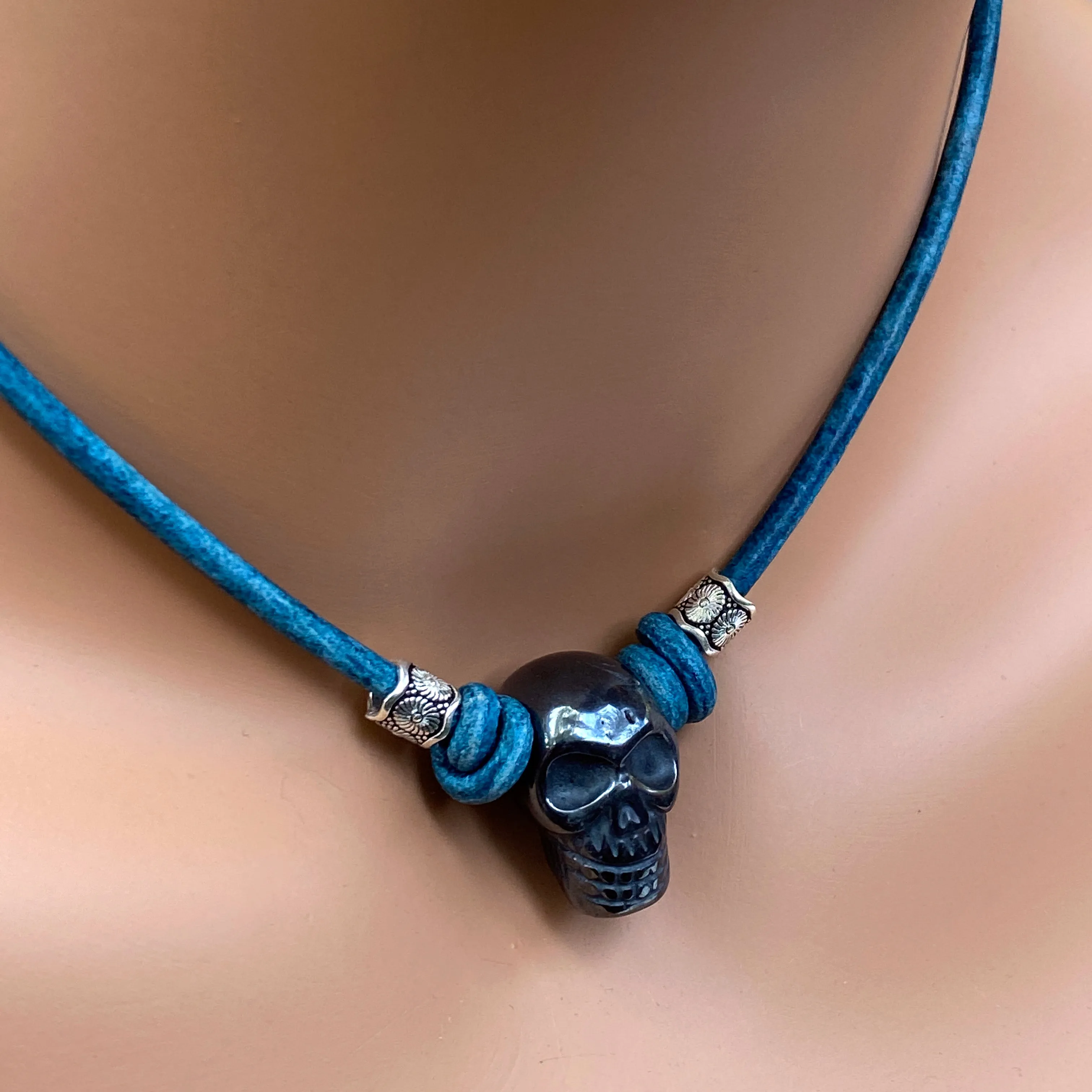 Hematite gemstone Skull and Sterling Silver on Leather Necklace