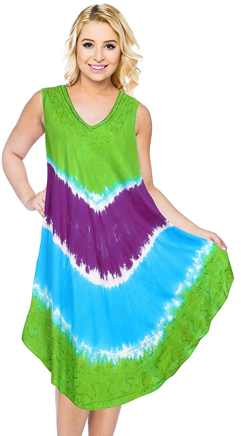 La Leela Smooth Rayon Swirl Hand Tie dye Embroidered Casual Short Beach Dress