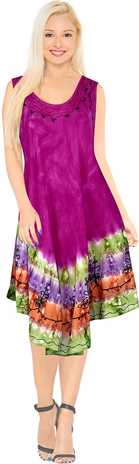 La Leela Smooth Rayon Swirl Hand Tie dye Embroidered Casual Short Beach Dress