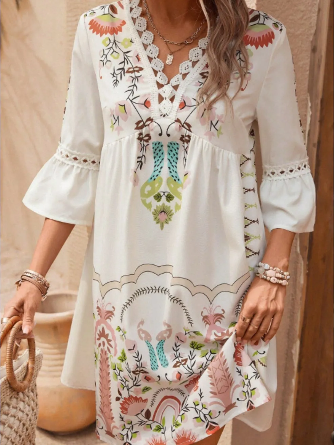 Lace Detail Floral Three-Quarter Sleeve Short Beach Dress