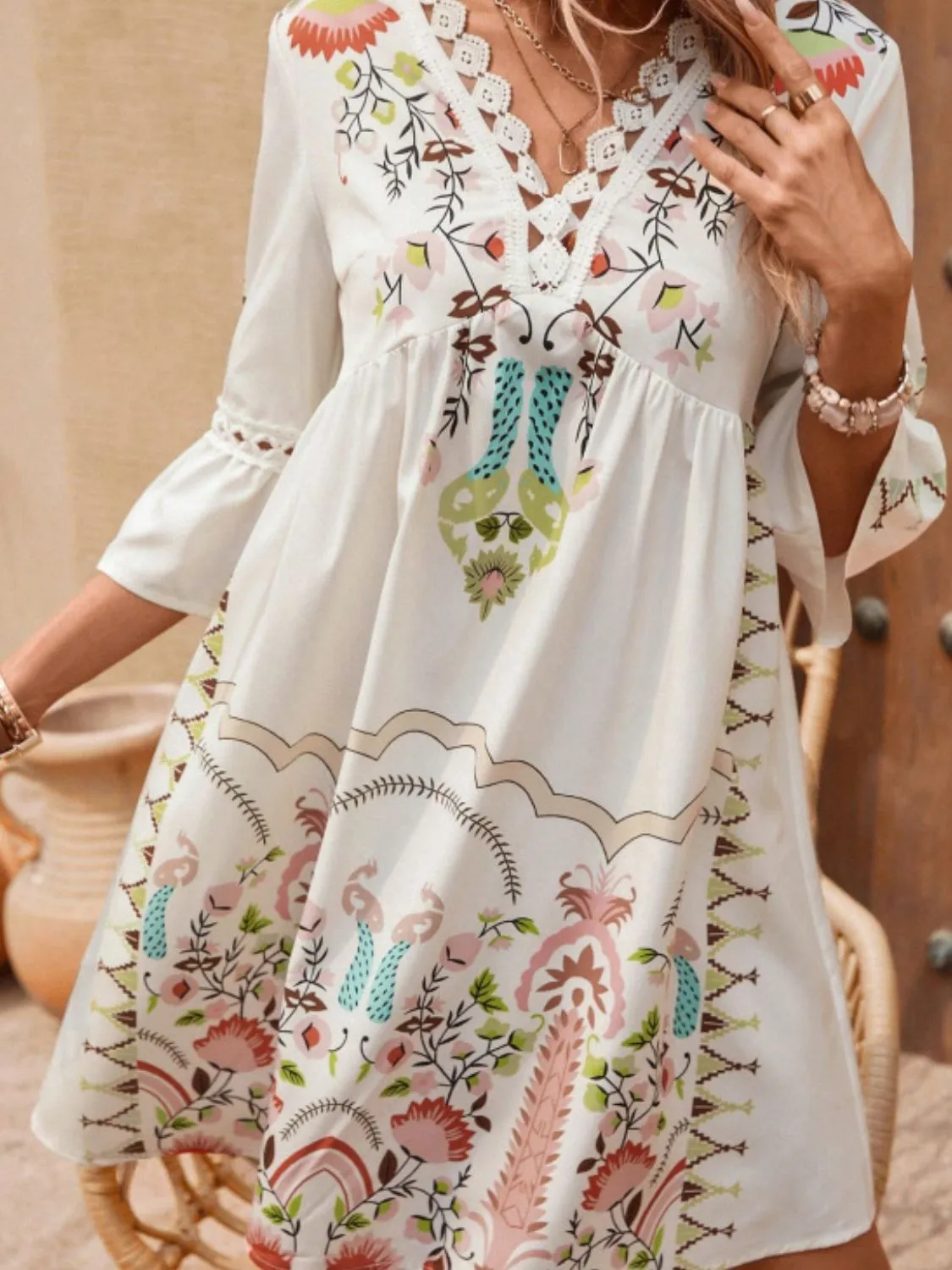 Lace Detail Floral Three-Quarter Sleeve Short Beach Dress