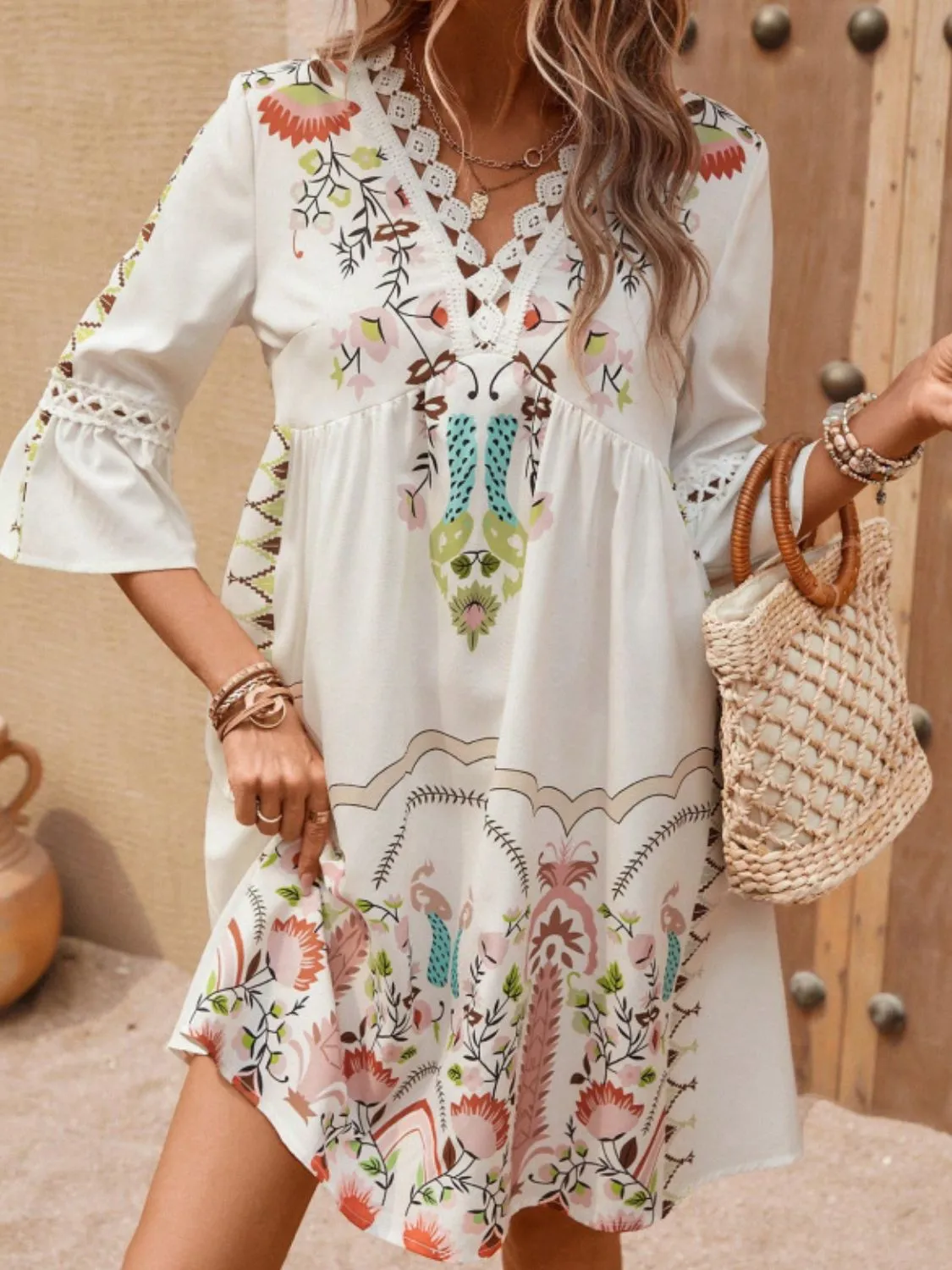 Lace Detail Floral Three-Quarter Sleeve Short Beach Dress