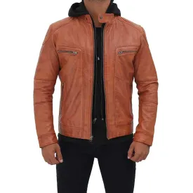 Men Tan Hooded Leather Jacket