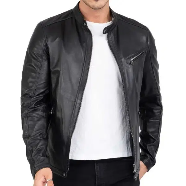 Men's Real Lamb Genuine Leather Black Slim Fit Biker Jacket