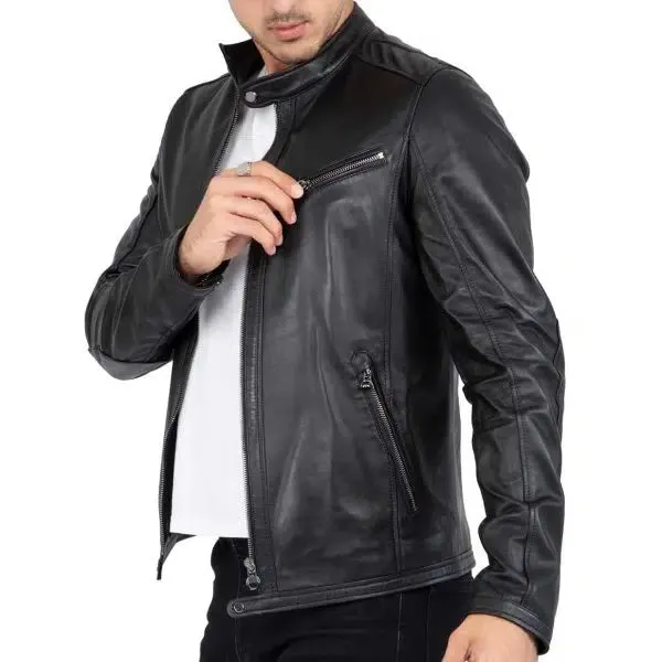 Men's Real Lamb Genuine Leather Black Slim Fit Biker Jacket